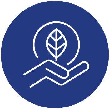 Icon rond bleu avec feuille dans une main